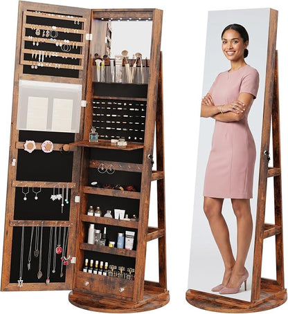 DUMOS 6 LEDs Standing Jewelry Armoire Cabinet, Full Length Mirror, Lockable | 360° Swivel, Jewelry Organizer and Storage, Build-in Mirror, Foldable Makeup Tray, Additional Storage Shelf, Rustic Brown