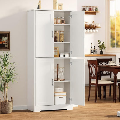 IDEALHOUSE Pantry Cabinet,70" Tall Kitchen Pantry Cabinet with 4 Doors and 3 Adjustable Shelves, Freestanding Cupboard, Modern Storage Cabinet for Bathroom, Dining Room, Living Room (White)
