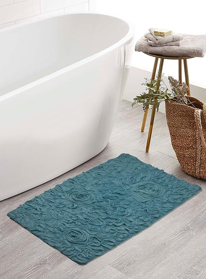 Home Weavers Bell Flower Collection 100% Cotton Tufted Bath Rugs, Extra Soft and Absorbent Bath Rugs, Non-Slip Bath Mats, Machine Washable, Bath Mats for Bathroom Floor, 21"x34" Rectangle, Blue