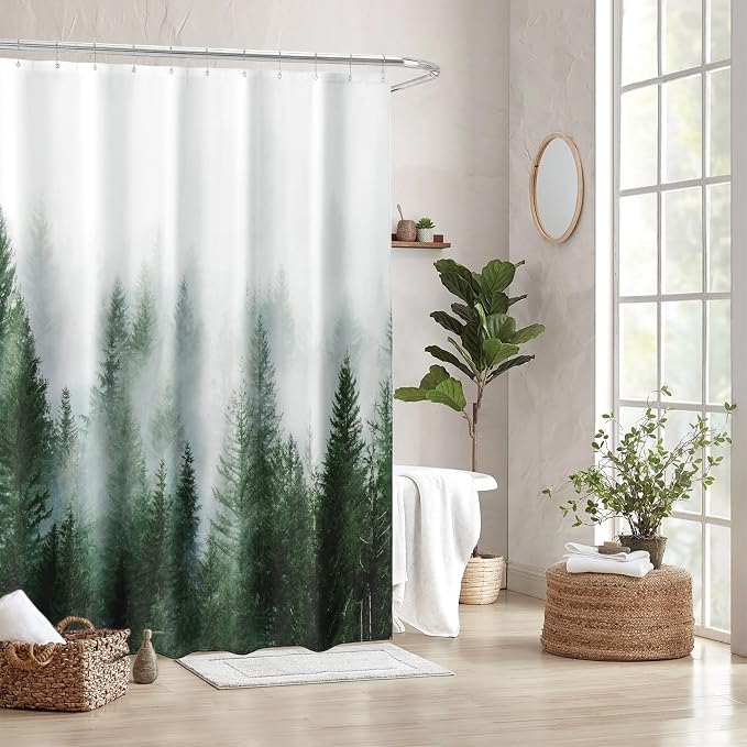 ORTIGIA Green Shower Curtain for Bathroom Misty Forest Pattern, Nature Woodland Artistic Shower Curtain Set with Metal Hooks, Waterproof Weighted Pine Tree Fog Bath Curtain, 72x72
