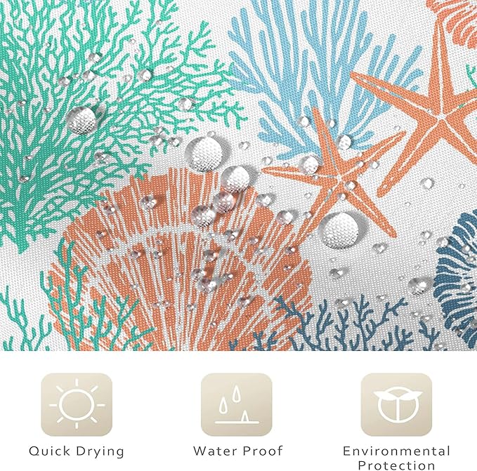 Nautical Coastal Shower Curtain, Green Navy Blue Orange Ocean Beach Seashell Starfish Themed Bathroom Curtain Waterproof Fabric Machine Washable with Hooks, 72" Wx96 L