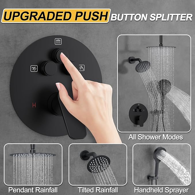 Shower Faucet Set Matte Black Shower System, 12" Ceiling Mount Shower Head Sets, Round Rain Shower Head and Handheld Set (12" Matte Black)