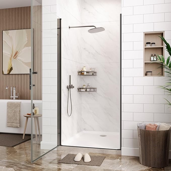 34" W x 72" H Frameless Pivot Shower Door - 1/4" Tempered Glass with Matte Black Frame, Single Swing Door for Modern Bathroom,Waterproof & Easy to Clean