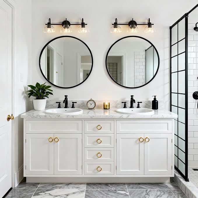 KSANA Black Bathroom Light Fixtures, Modern Farmhouse Vanity Lights Over Mirror 3-Light Bathroom Wall Mounted Sconce with Dome Glass Shade