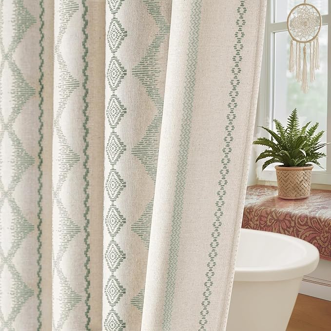 Sage Green Shower Curtain,Boho Linen Fabric for Bathroom with Striped Print,72" W x 72" L