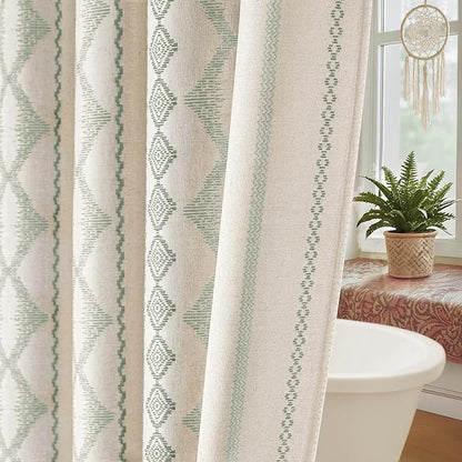 Sage Green Shower Curtain,Boho Linen Fabric for Bathroom with Striped Print,72" W x 72" L