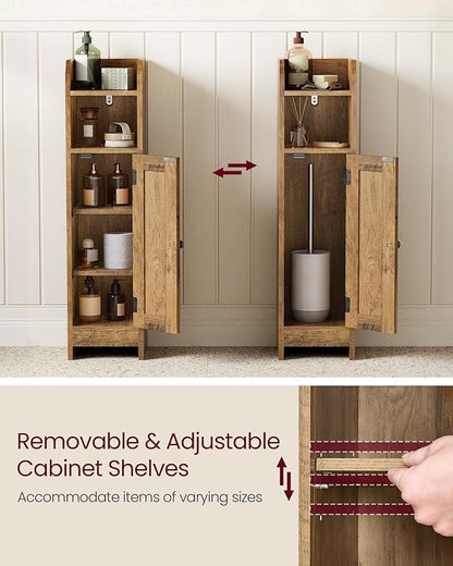 VASAGLE Small Storage Corner Floor Cabinet with Door, 7.9 x 7.1 x 31.5 Inches, Narrow Toilet Paper Storage Holder, Adjustable Shelves, for Bathroom, Living Room, Small Spaces, Honey Brown UBBK310K01
