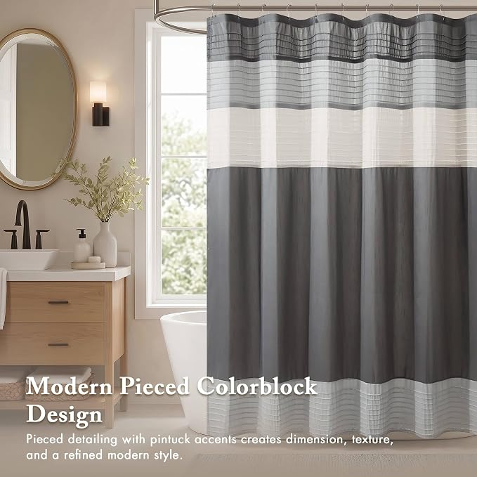 Madison Park Amherst Bathroom Shower Curtain Faux Silk Pieced Striped Modern Microfiber Bath Curtains, 72x84 Inches, Grey