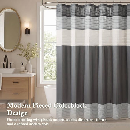 Madison Park Amherst Bathroom Shower Curtain Faux Silk Pieced Striped Modern Microfiber Bath Curtains, 72x84 Inches, Grey