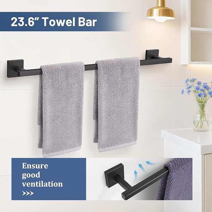 TURS 5-Pieces Matte Black Bathroom Hardware Accessories Set 23.6" Towel Bar Set Wall Mounted Square Toilet Paper Holder with Shelf Stainless Steel