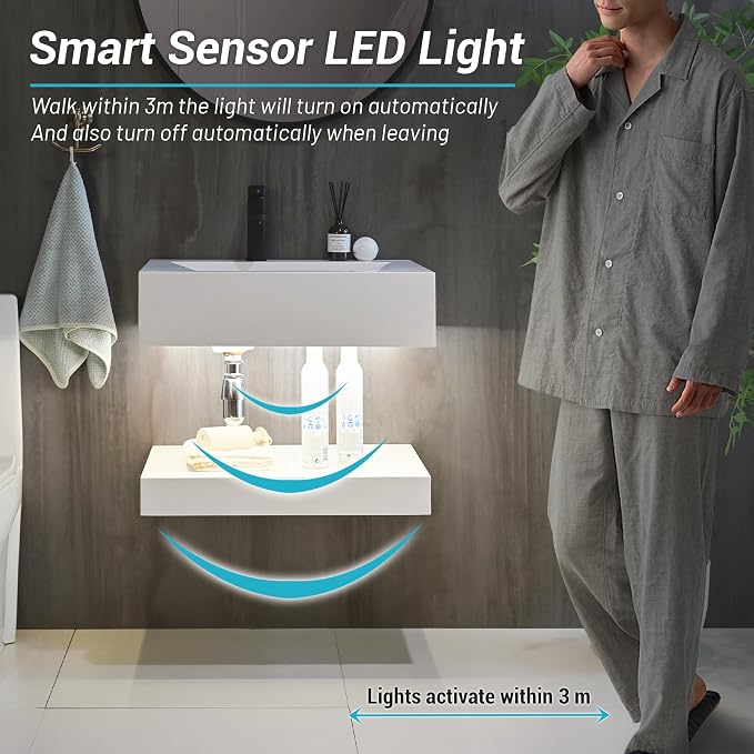 24"x19" Wall Mount Bathroom Vanity with LED Smart Sensor Light, Stone Resin Floating Vanity Sink Rectangular Vessel White Trough Art Basin with Shelf Layer
