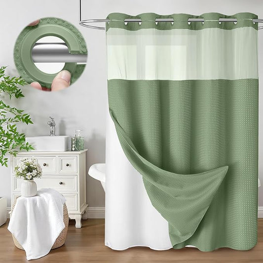 No Hook Shower Curtain with Liner Set Hotel Waffle Curtain Green 72W X 75L | Washable Snap in Fabric Liner, Mesh Top Window, Waffle Hotel Style Shower Curtain Set