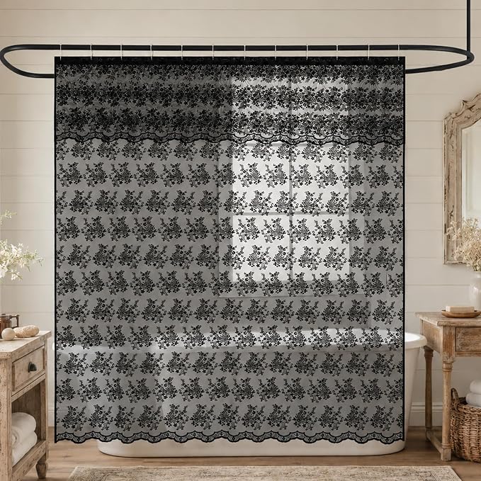 TUDECO Black Boho Lace Shower Curtain with Attached Valance, 72''W x 84''L | Whimsigoth, Extra Long, Dark Bathroom Curtain, Cool Victorian, Halloween Decor, Scalloped Edges, Reinforced Holes