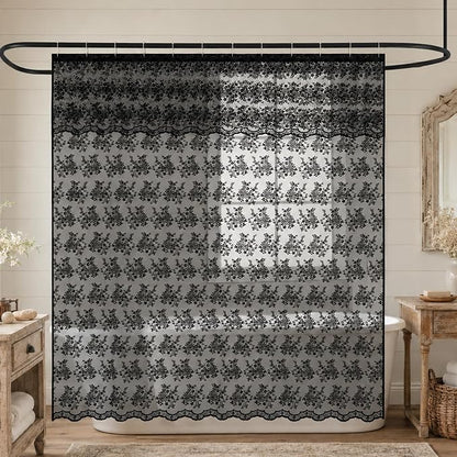 TUDECO Black Boho Lace Shower Curtain with Attached Valance, 72''W x 84''L | Whimsigoth, Extra Long, Dark Bathroom Curtain, Cool Victorian, Halloween Decor, Scalloped Edges, Reinforced Holes