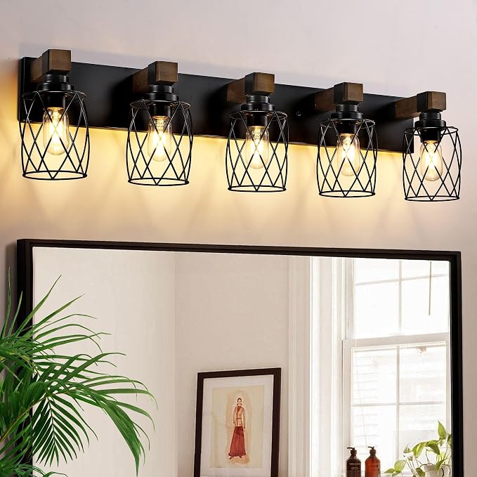 Farmhouse 5-Light Wood Bathroom Vanity Light, Black Metal Cage Shade | Mounted Over Mirror, Industrial Rustic Style, Ideal for Bathroom, Bedroom, Hallway & Living Room, Easy To Install