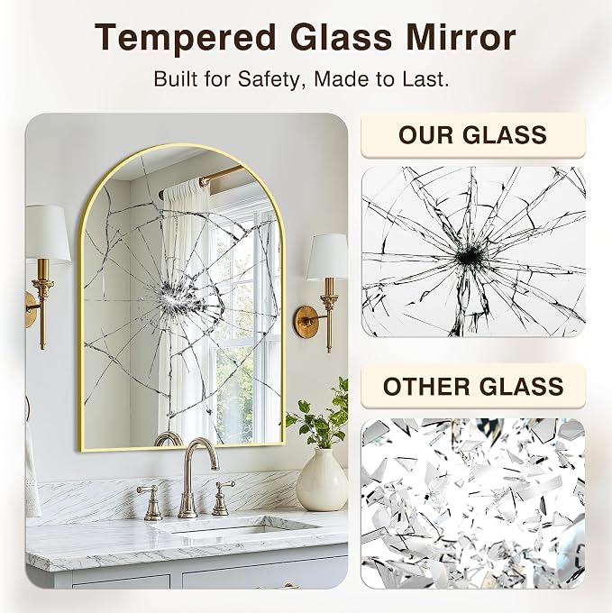 Arched Bathroom Vanity Mirror for Over Sink, 30”x20”, Gold | HD Tempered Glass, Anti-Rust Metal Frame, Hanging or Leaning, Wall Mirrors for Bathroom Sink, Bedroom, Living Room, Entryway
