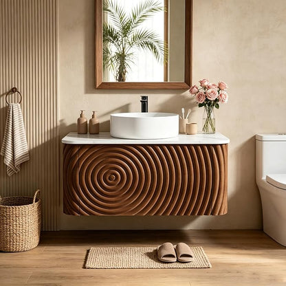 30" Floating Bathroom Vanity with Sink, Mid-Century Wall Mounted Bathroom Vanity Cabinet with Waved Decor, Ceramic Vessel Basin, Sintered Stone Top, Soft Close Storage Drawer, Walnut