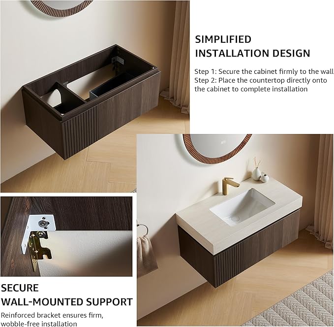 30” Floating Bathroom Vanity with Sink, Wall-Mounted Cabinet with Drawer & Doors, Roma Travertine-Pattern Countertop, Undermount Basin, Single Faucet Hole, Soft-Close, Pre-Assembled, Dark Oak