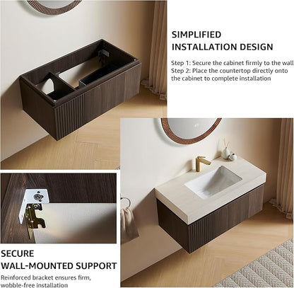 30” Floating Bathroom Vanity with Sink, Wall-Mounted Cabinet with Drawer & Doors, Roma Travertine-Pattern Countertop, Undermount Basin, Single Faucet Hole, Soft-Close, Pre-Assembled, Dark Oak