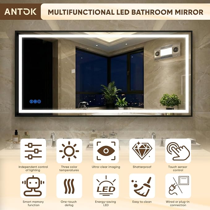 Antok 48X36 LED Bathroom Mirror with Lights, Vanity Mirror for Wall with Black Frame, Touch Control, Anti-Fog, Dimmable Lights, Shatter-Proof, Memory Function, Wall-Mounted Vanity Mirrors