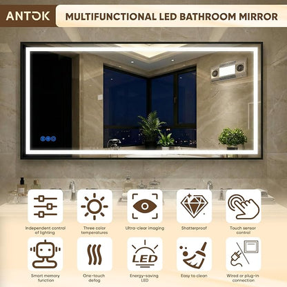 Antok 48X36 LED Bathroom Mirror with Lights, Vanity Mirror for Wall with Black Frame, Touch Control, Anti-Fog, Dimmable Lights, Shatter-Proof, Memory Function, Wall-Mounted Vanity Mirrors