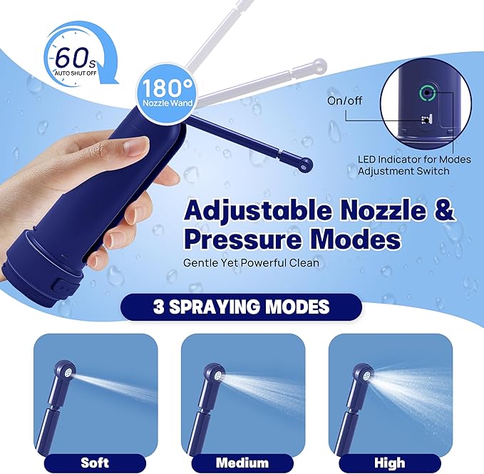 Portable Bidet for Travel with 180ml Bottle and Universal Adapter, 800mAh Battery for Upto 150 Uses on Full Charge with USB-C Cable, IPX7 Leakproof, 3 Pressure Modes Electric Travel Bidet