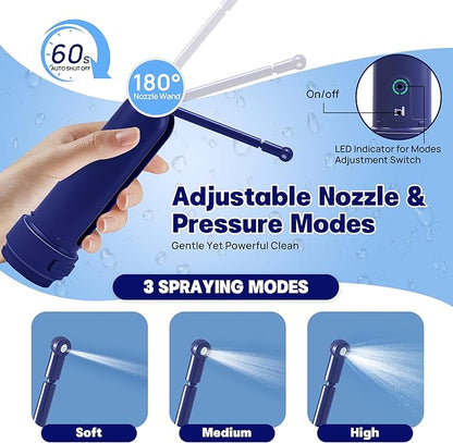 Portable Bidet for Travel with 180ml Bottle and Universal Adapter, 800mAh Battery for Upto 150 Uses on Full Charge with USB-C Cable, IPX7 Leakproof, 3 Pressure Modes Electric Travel Bidet