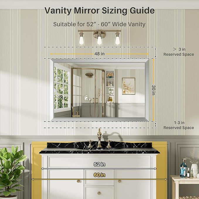 48x30 Inch Brushed Silver Bathroom Mirror for Wall, Thick Metal Framed Rectangle Mirrors for Over Sink, Bedroom, Living Room, Entryway, Anti-Rust, HD Tempered Glass