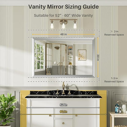 48x30 Inch Brushed Silver Bathroom Mirror for Wall, Thick Metal Framed Rectangle Mirrors for Over Sink, Bedroom, Living Room, Entryway, Anti-Rust, HD Tempered Glass