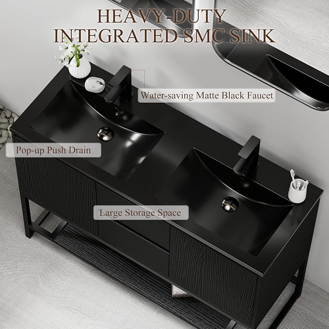 LUCKWIND 48" Modern Bathroom Vanity with Dual Black Sink Combo, Freestanding Storage Cabinet with Metal Frame, Water-Saving Faucet and Open Shelf and 2 Soft-Closing Door, Black