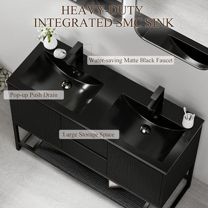 LUCKWIND 48" Modern Bathroom Vanity with Dual Black Sink Combo, Freestanding Storage Cabinet with Metal Frame, Water-Saving Faucet and Open Shelf and 2 Soft-Closing Door, Black