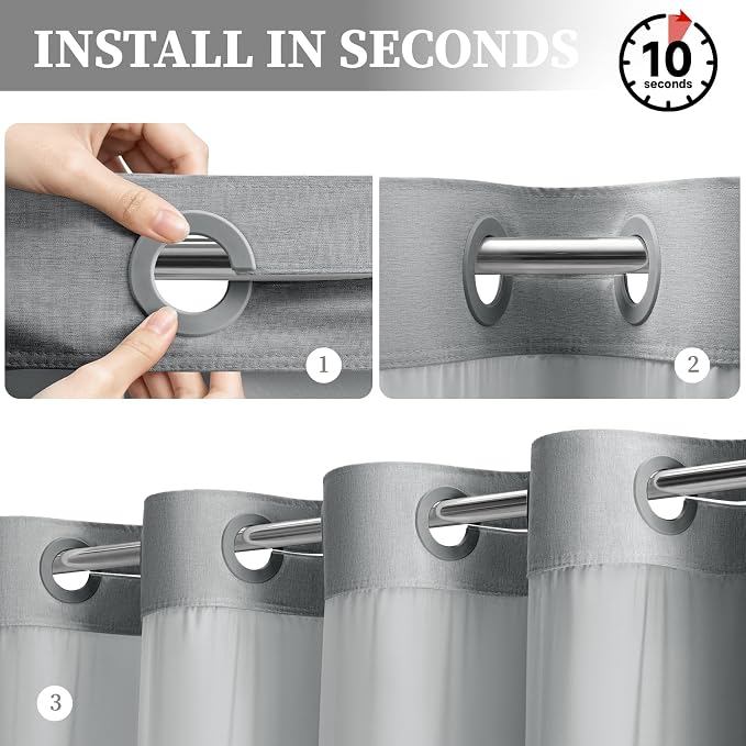72x81 Ringless Linen Textured Shower Curtain with Snap in Liner, Grey | Tall Size, 3 in 1 Shower Curtain Set, Removable Liner, Waterproof & Washable, Mesh Top Window, Durable Fabric, Easy Setup