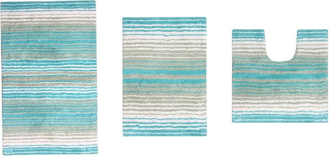 Home Weavers 100% Cotton Gradiation Collection Bathroom Décor, Washable Rug, Bathroom Mat, Kitchen Mat, Bathroom Rug Set, Bath Mat Set, Bath Floor Mat Non Slip, 3 Piece Set with Contour, Turquoise