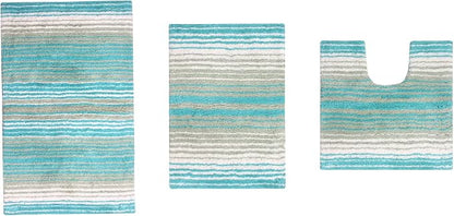 Home Weavers 100% Cotton Gradiation Collection Bathroom Décor, Washable Rug, Bathroom Mat, Kitchen Mat, Bathroom Rug Set, Bath Mat Set, Bath Floor Mat Non Slip, 3 Piece Set with Contour, Turquoise