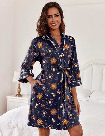 Ekouaer Women Kimono Robes Knee Length Knit Bathrobe Lightweight Soft Sleepwear V-neck Casual Ladies Loungewear