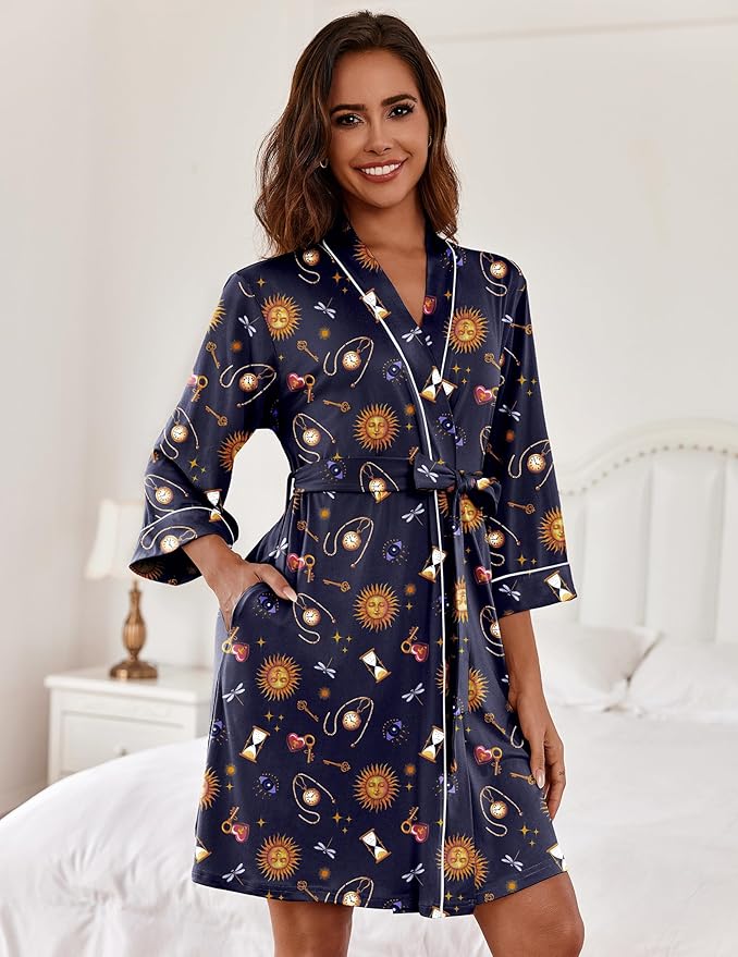 Ekouaer Women Kimono Robes Knee Length Knit Bathrobe Lightweight Soft Sleepwear V-neck Casual Ladies Loungewear