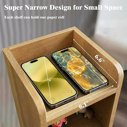 Narrow Bathroom Storage Cabinet, Corner Toilet Paper Floor Cabinet 5 Tiers with Door and Shelves,Bathroom Organizer with Adjustable Shelf, for Small Spaces (Oak)