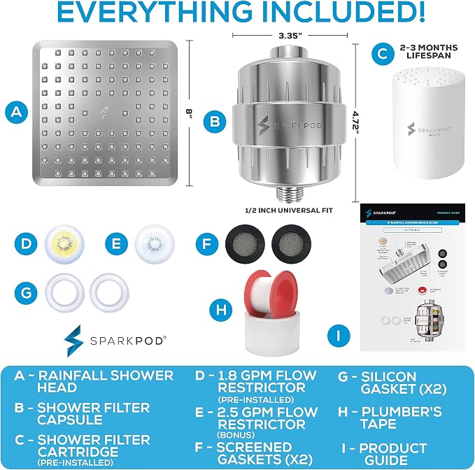 SparkPod Filtered Shower Head, 23-Stage, 8" Square, Polished Chrome | Showerhead for Hard Water, High Pressure, Reduces Chlorine, Heavy Metals, For Dry Skin & Hair, Removable Capsule Filter