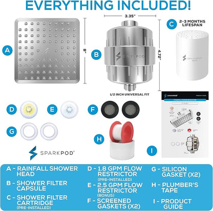 SparkPod Filtered Shower Head, 23-Stage, 8" Square, Polished Chrome | Showerhead for Hard Water, High Pressure, Reduces Chlorine, Heavy Metals, For Dry Skin & Hair, Removable Capsule Filter