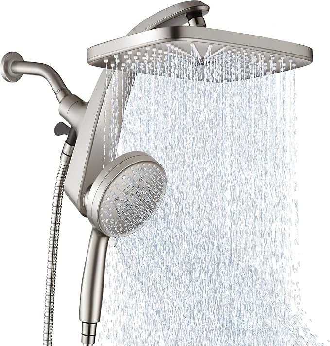 12" High Pressue Rain Shower Head with Handheld, 9 Sprays Hand Showerhead | Shower Heads with Handheld Spray Combo, Dual Head, Built-in Magnetic Docking, Power Jets, 59" Shower Hose, Nickel 1.8GPM