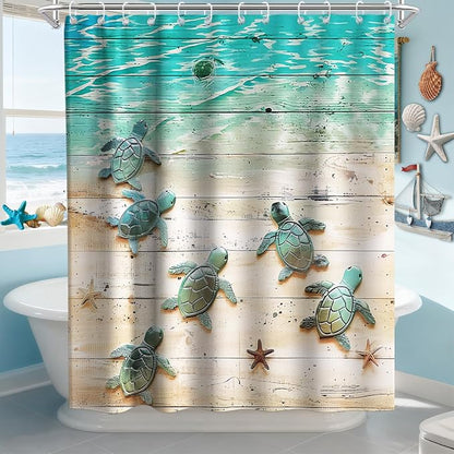 Green Beach Sea Turtle Shower Curtain Nautical Teal Theme Fabric Bathroom Blue Ocean Decor with Grommets and Hooks 72 x 72 Inch Blue