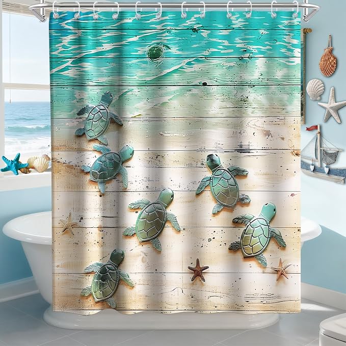 Green Beach Sea Turtle Shower Curtain Nautical Teal Theme Fabric Bathroom Blue Ocean Decor with Grommets and Hooks 72 x 78 Inch Blue