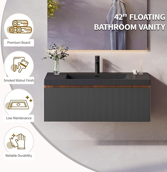 42'' Floating Bathroom Vanity with Sink Combo, Modern Wall-Mounted Striped Bathroom Storage Cabinet with Soft-Close Drawers and Black Quartz Sand Basin, No Assembly Required
