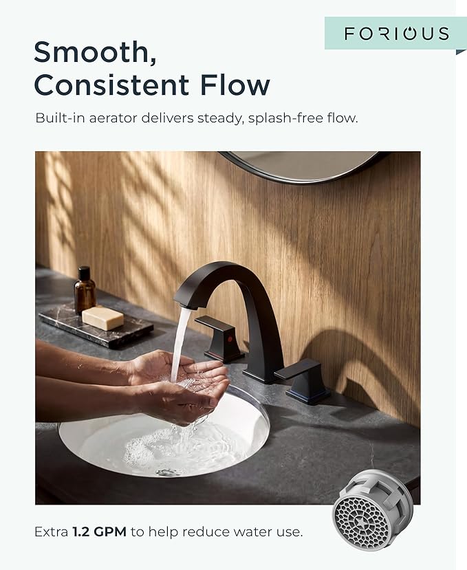 FORIOUS Bathroom Sink Faucet 3 Hole, Matte Black Bathroom Faucets for Vanity with Pop-up Drain and Supply Lines, Lead-Free 8 Inch Widespread Faucet for 3 Hole Sink