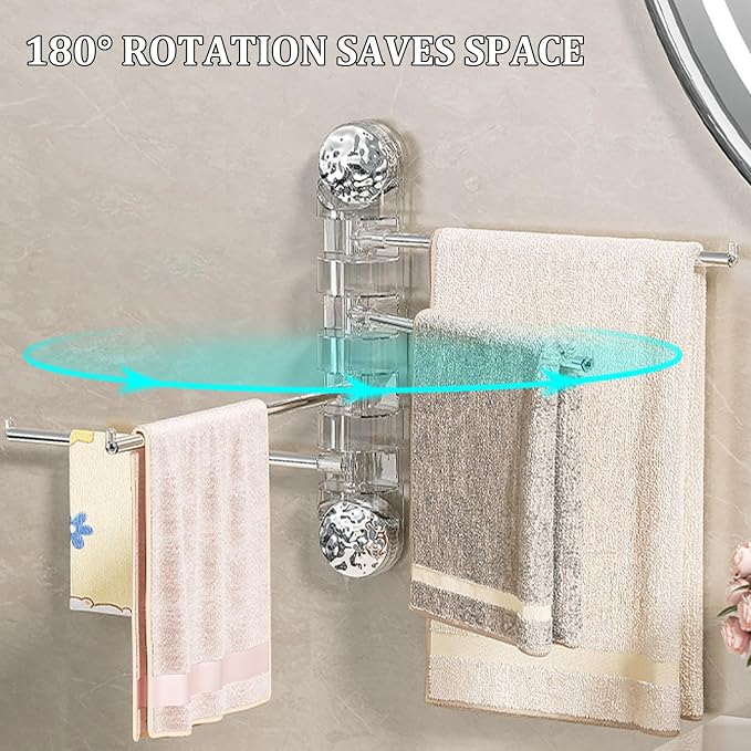 Swivel Towel Bar - Strong Suction Cup Stainless Steel 4 Arm, Folding Bathroom & Kitchen Towel Rack, Wall Mounted, Nail Free Installation