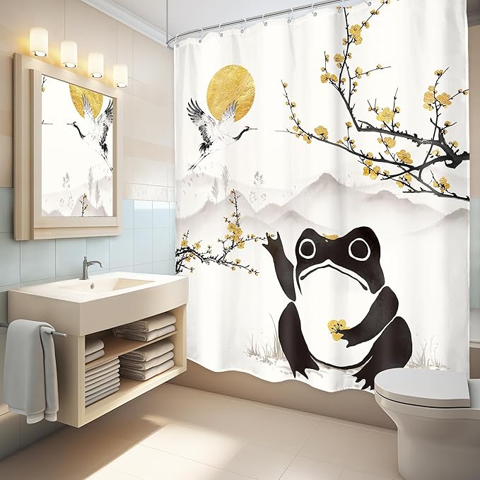 LGhtyro Funny Frog Shower Curtain Bathroom Set 60Wx71H Inches Asian Style Traditional Japanese Golden Plum Blossom Landscape Scenery Bath Accessories Sun Mountain Art Home Decor Fabric 12 Pack Hooks