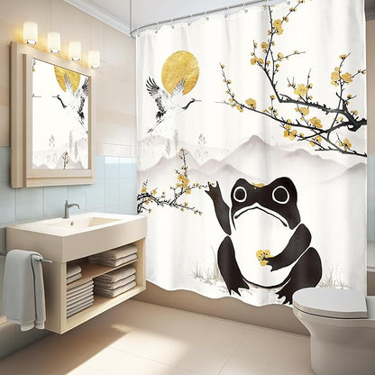 LGhtyro Funny Frog Shower Curtain Bathroom Set 60Wx71H Inches Asian Style Traditional Japanese Golden Plum Blossom Landscape Scenery Bath Accessories Sun Mountain Art Home Decor Fabric 12 Pack Hooks