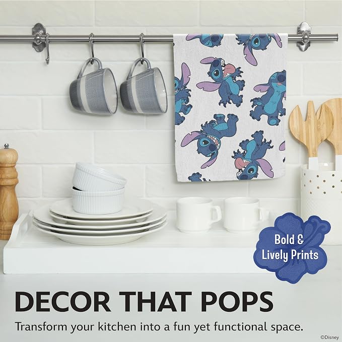 Disney Stitch Cotton Kitchen Towels, 2-Pack 16"x26", Absorbent | Durable, colorfast dish towels resist fraying, machine washable, dries dishes, hangs on oven handles, great for gifting