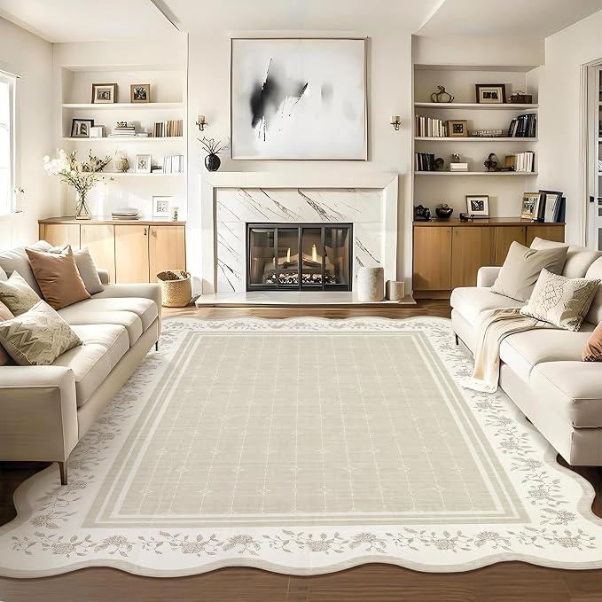 Garvee Scollaped Rugs for Living Room 5x7 Area Rugs for Bedroom Soft Beige | Non-Slip Low Pile Neutral Kids Rug Non-Shedding Bordered Nursery Carpet Foldable Thin Mat for Dining Room Kitchen Playroom