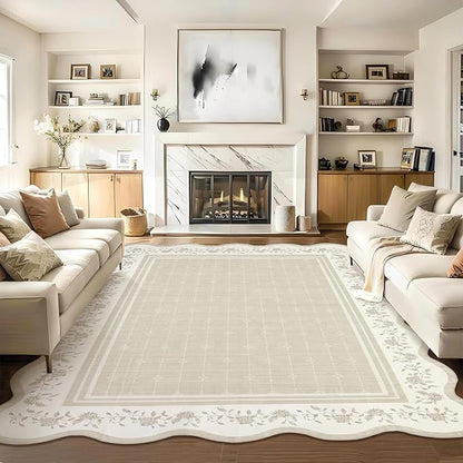 Garvee Scollaped Rugs for Living Room 5x7 Area Rugs for Bedroom Soft Beige | Non-Slip Low Pile Neutral Kids Rug Non-Shedding Bordered Nursery Carpet Foldable Thin Mat for Dining Room Kitchen Playroom